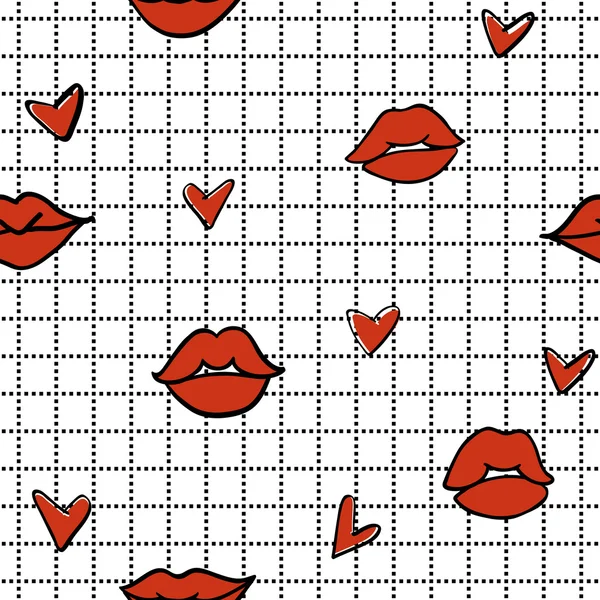 Labios rojos y corazones patrón sin costuras — Vector de stock