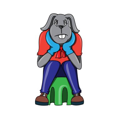 Sandalyede oturan sıkıcı tavşan maskotu çizgi filmi.