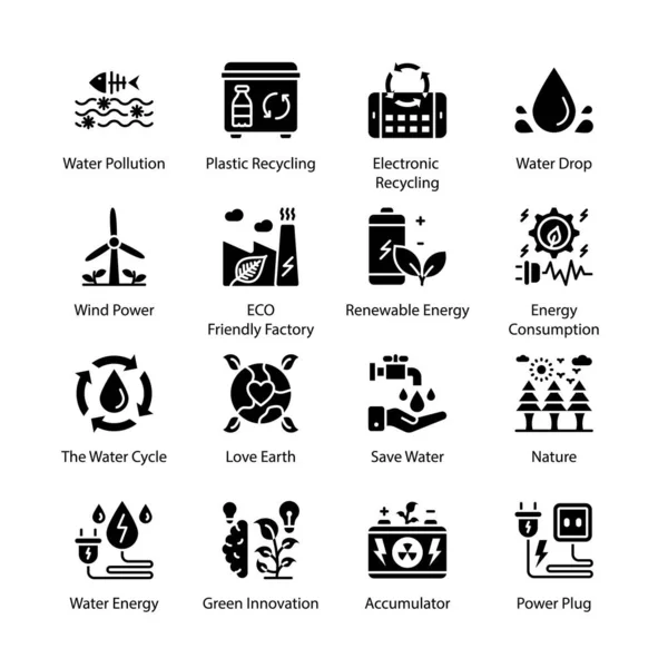 Iconos Glifos Tecnología Eco Bio Sólidos Vectores — Vector de stock
