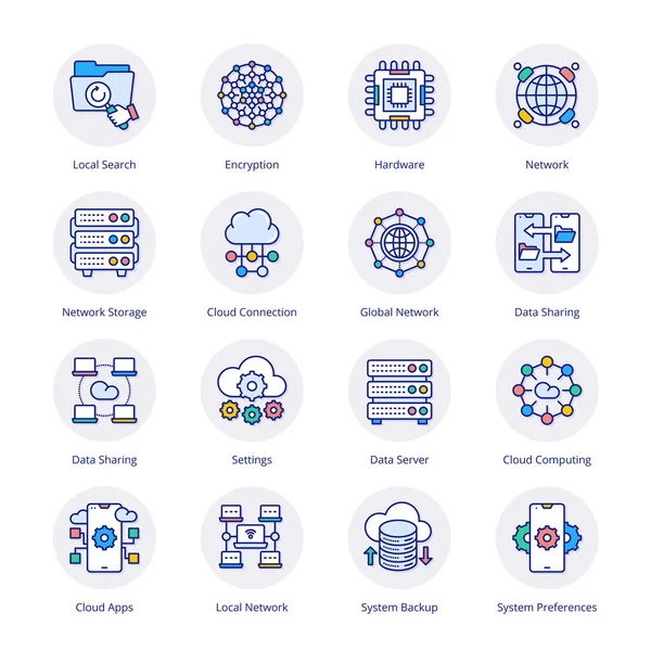 Cloud Computing Network Iconos Círculo Plano Vectores — Vector de stock