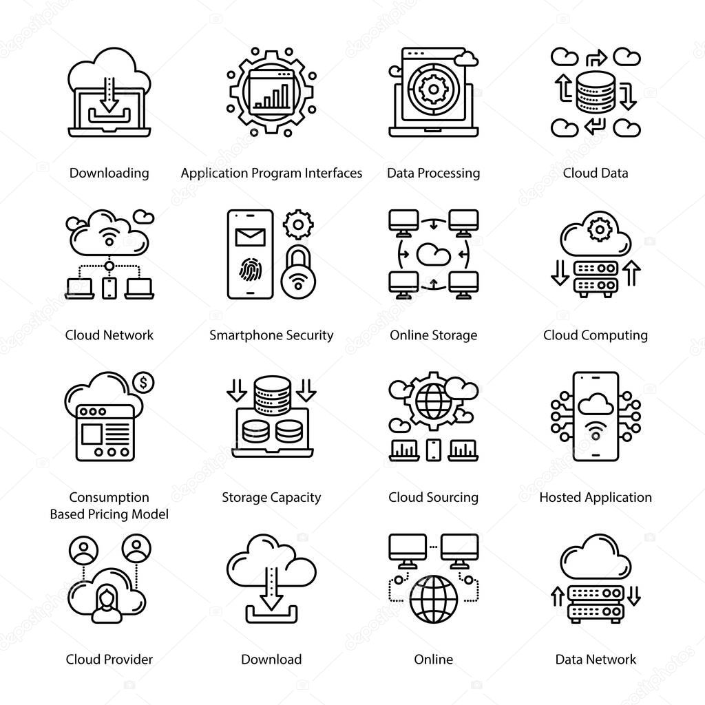Cloud Computing Network Glyph Icons - Solid, Vectors