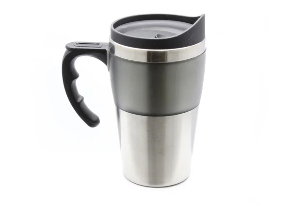 Steel thermos mug with handle for hot drinks — Stock Photo, Image