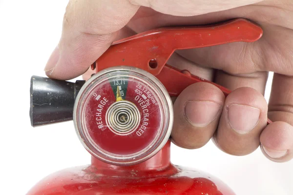 Mini red portable fire extinguisher on white background — Stock Photo, Image