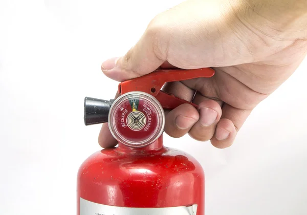 Mini-roter tragbarer Feuerlöscher auf weißem Hintergrund — Stockfoto