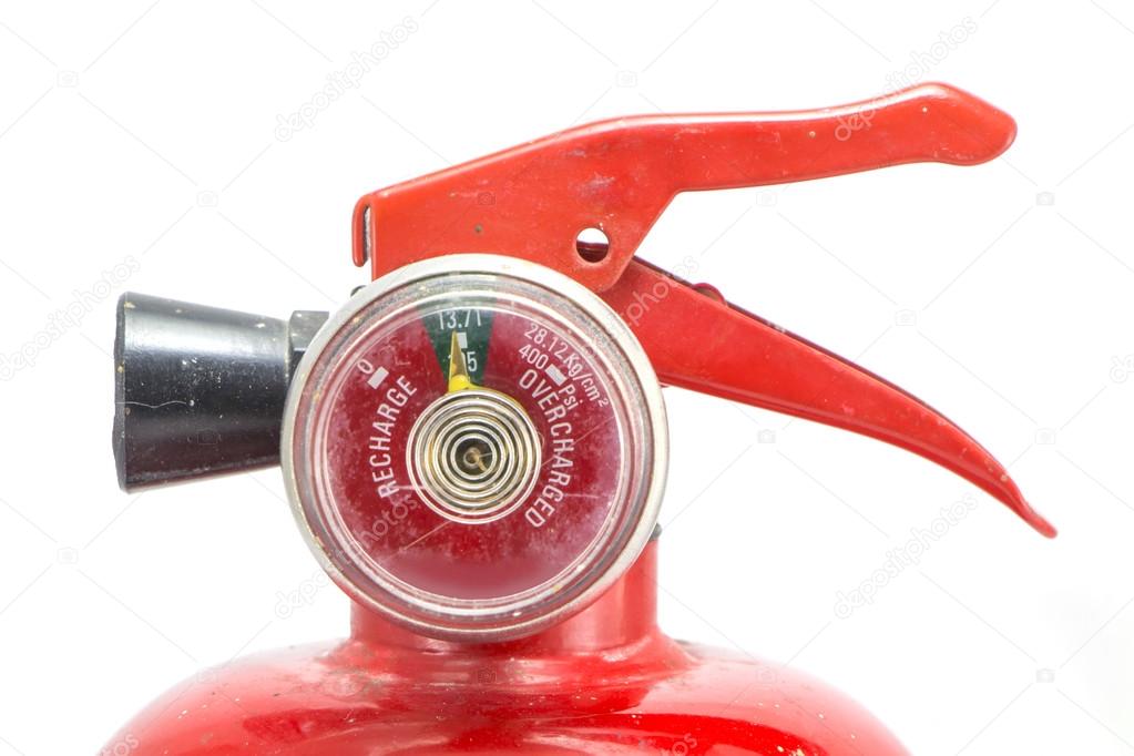 Mini red portable fire extinguisher on white background
