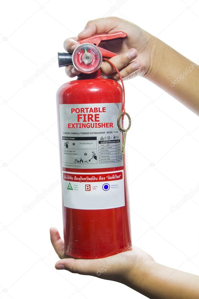 Mini red portable fire extinguisher on white background