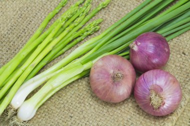 Asparagu soğan ve taze soğan çuval arka plan üzerinde