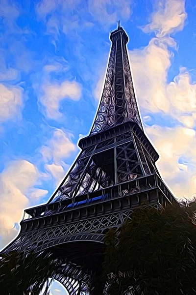 Digitaler Farbmalstil Der Den Eiffelturm Von Unten Einem Herbstnachmittag Darstellt — Stockfoto