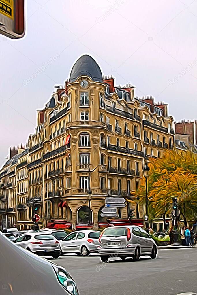 Digital color painting style representing a glimpse of a historic building in the center of Paris