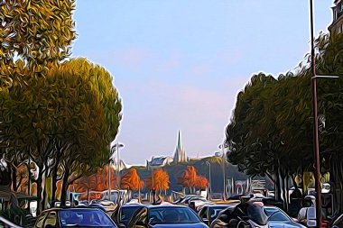 Dijital renk boyama tarzı Paris 'teki işlek bir caddeyi ve arka plandaki katedrali temsil ediyor.