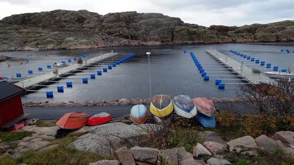 Holzboote Fischerhafen Der Meeresküste Südschweden Bei Bewölktem Himmel — Stockfoto