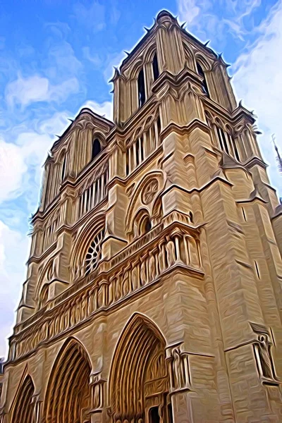 パリの歴史的中心部にある大聖堂を垣間見るデジタルカラー絵画スタイル — ストック写真