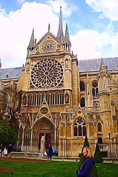 Digitální Barevný Malířský Styl Představující Pohled Katedrálu Historickém Centru Paříže — Stock fotografie
