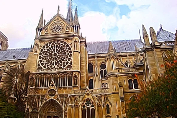パリの歴史的中心部にある大聖堂を垣間見るデジタルカラー絵画スタイル — ストック写真