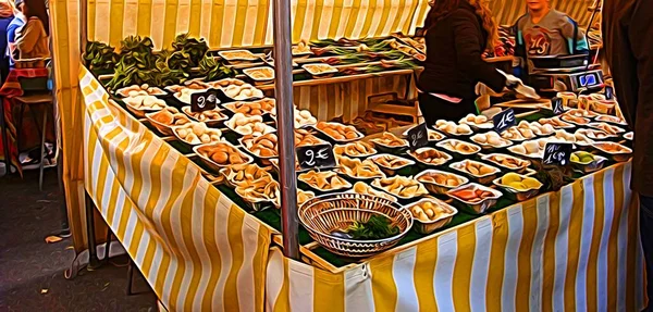 Digitaler Farbmalstil Der Einen Pilzladen Auf Dem Street Food Markt — Stockfoto