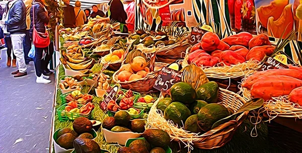 Digitaler Farbmalstil Der Ein Obstgeschäft Auf Dem Street Food Markt — Stockfoto