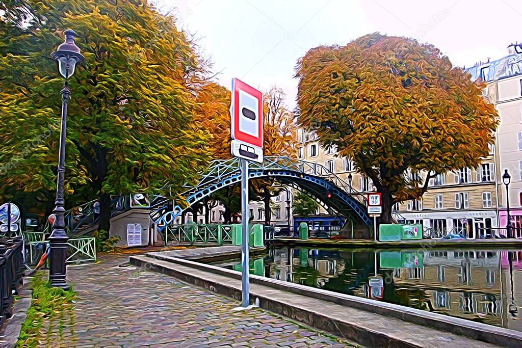 Digital color painting style representing one of the Seine canals running through the center of Paris