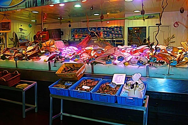 Pittura Digitale Colori Che Rappresenta Negozio Pesce Fresco Nel Mercato — Foto Stock