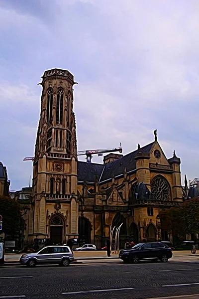 Digitaler Farbmalstil Der Eine Der Kirchen Zentrum Von Paris Darstellt — Stockfoto