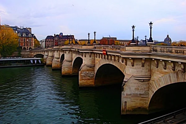 数码彩绘风格代表了巴黎塞纳河上一座桥的一瞥 — 图库照片