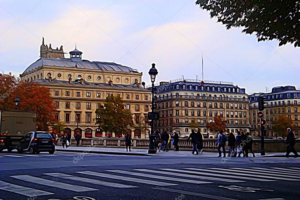 Digital color painting style representing one of the squares in the center of Paris