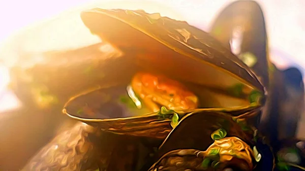 Digital Color Painting Style Representing Cooked Mussels Lemon Garlic Parsley — Stock Photo, Image