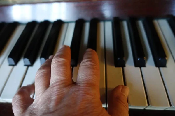 Una Mano Sta Suonare Accordo Pianoforte Acustico — Foto Stock