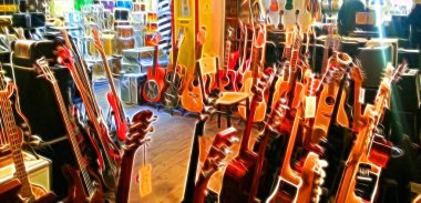 Akustik gitarları ve elektrik baslarını temsil eden dijital renk boyama biçimi
