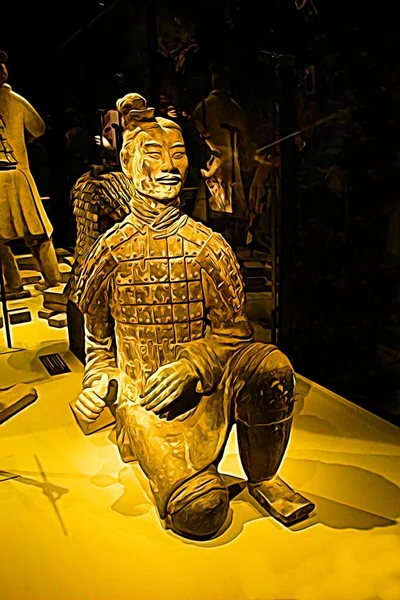 Cyfrowy Styl Malarstwa Kolor Reprezentujący Posąg Starożytnego Chińskiego Wojownika Klęcząc — Zdjęcie stockowe