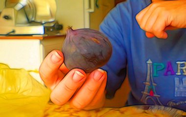 Dijital renkli boya bir elinde siyah incir tutan Fransız gömlekli birini temsil ediyor.