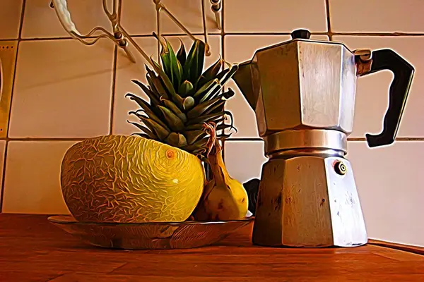 Digitales Farbgemälde Das Eine Mokka Kaffeemaschine Eine Ananas Und Eine — Stockfoto