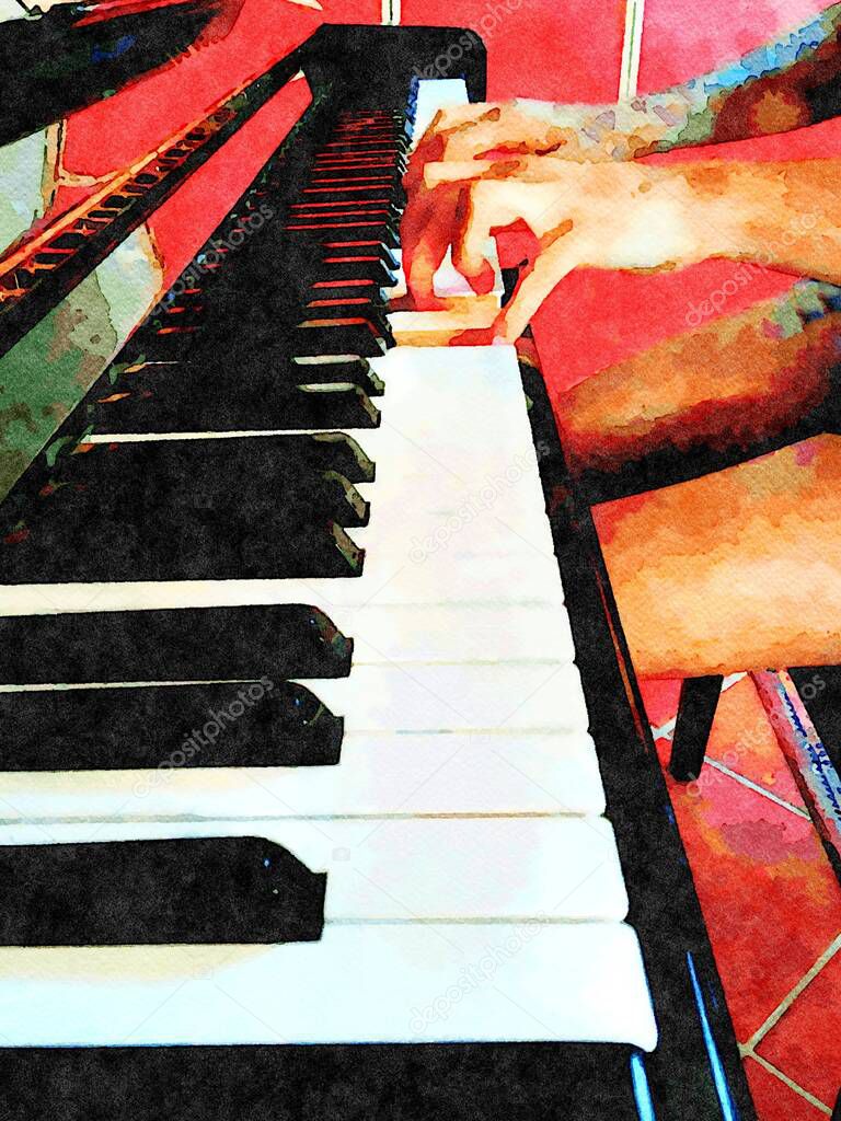 Digital color watercolor style of two hands playing on an acoustic piano
