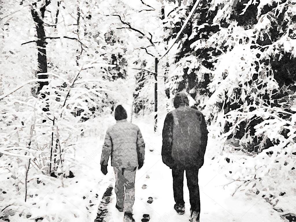 Black and white watercolor painting style of two people walking in the woods during a snowfall in the north of Scandinavia