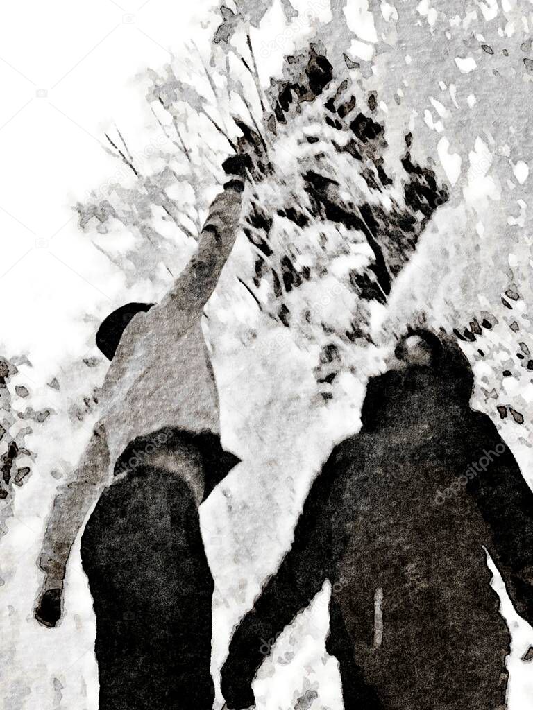 Black and white watercolor painting style of two people playing in the woods during a snowfall in northern Scandinavia