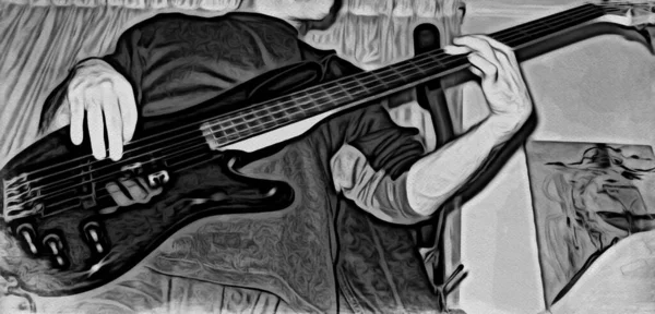 Style Dessin Numérique Noir Blanc Musicien Jouant Basse Électrique — Photo