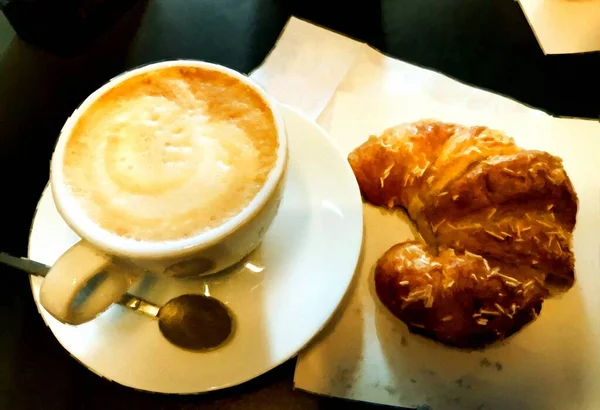 Een Croissant Een Cappuccino Geserveerd Aan Tafel Digitale Olieverf Stijl — Stockfoto