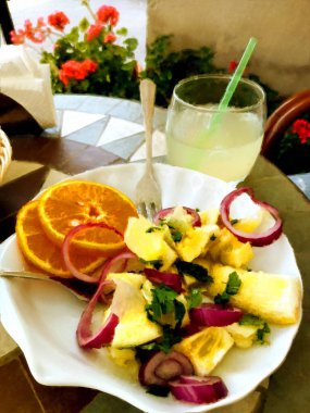 Bir tabak limonlu salata ve limonata, İtalya 'da Procida geleneği. Dijital yağlı boya tarzı.