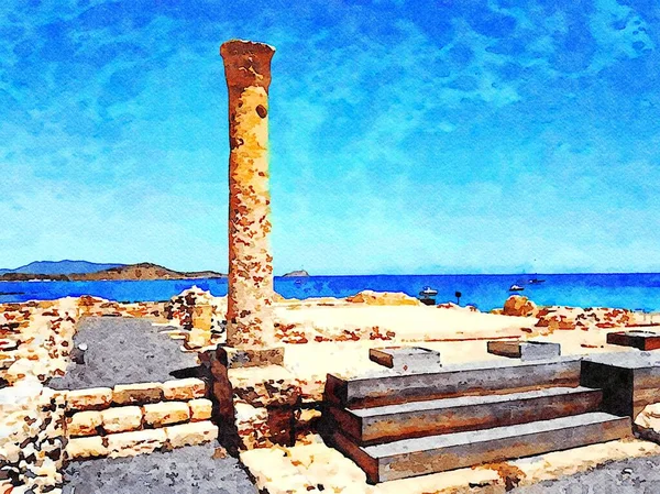 Roman ruins in Sardinia. Digital watercolors painting.