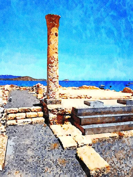 Roman ruins in Sardinia. Digital watercolors painting.