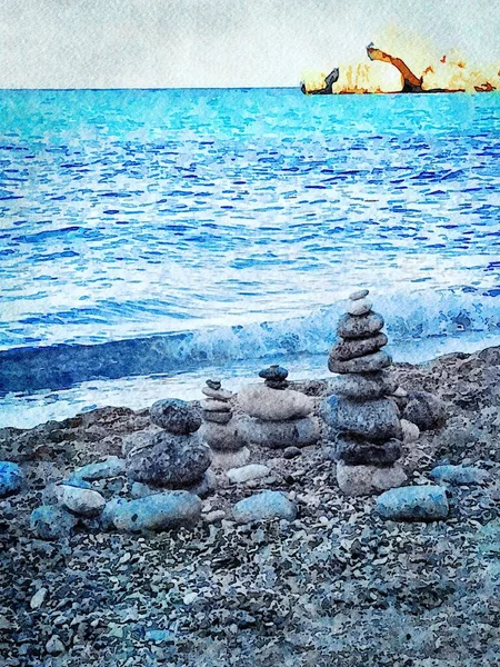 Pequeños tótems de piedra en una de las playas sardas en verano. Acuarelas digitales —  Fotos de Stock