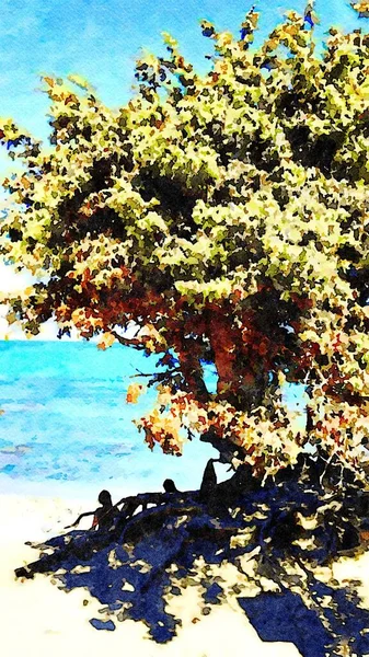 Les touristes se reposent à l'ombre d'un genévrier au bord de la mer en Sardaigne en été. Aquarelles numériques — Photo