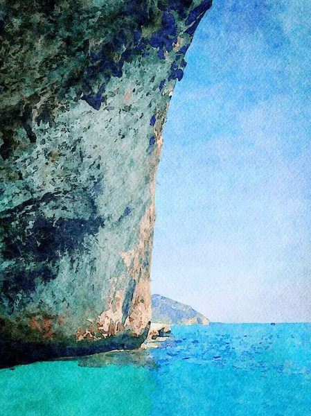 Un aperçu d'un énorme rocher en surplomb en Sardaigne en été. Aquarelles numériques — Photo