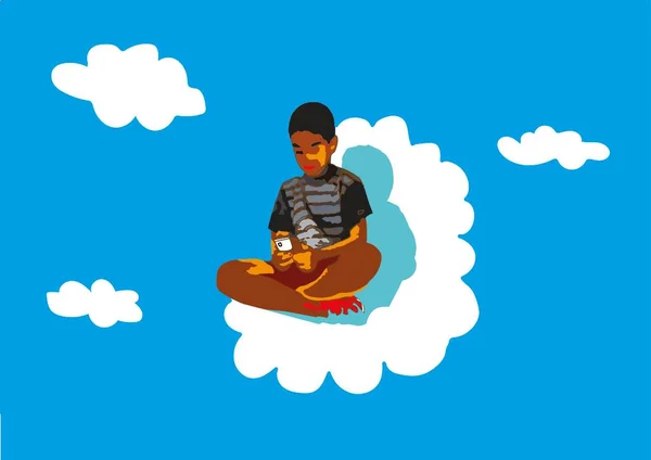 A boy plays with his smartphone sitting on a cloud in the sky — Stock Photo, Image