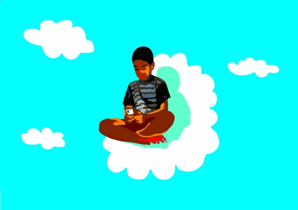 Little Boy Plays His Smartphone Sitting Cloud Sky — Stock Photo, Image
