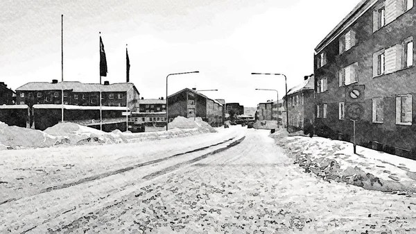 北欧北部の冬の道路を垣間見る黒と白の水彩画のスタイル — ストック写真