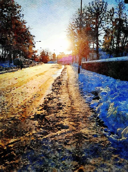 北欧の日没時の雪道のデジタル水彩画 — ストック写真