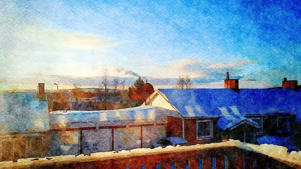 北欧の屋根から見た冬の夕日のデジタル水彩画 — ストック写真