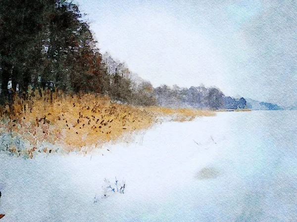 北欧の凍った湖の海岸を垣間見るデジタル水彩画 — ストック写真