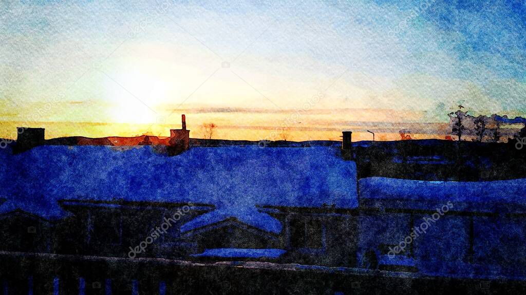 Digital watercolor style of winter sunset seen from the rooftops in northern Scandinavia