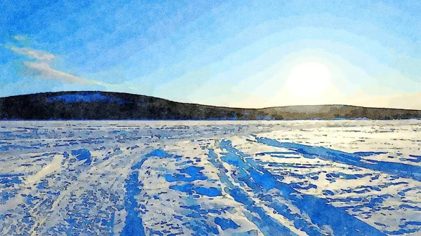 北欧北部の凍った湖の上の丘のデジタル水彩画 — ストック写真